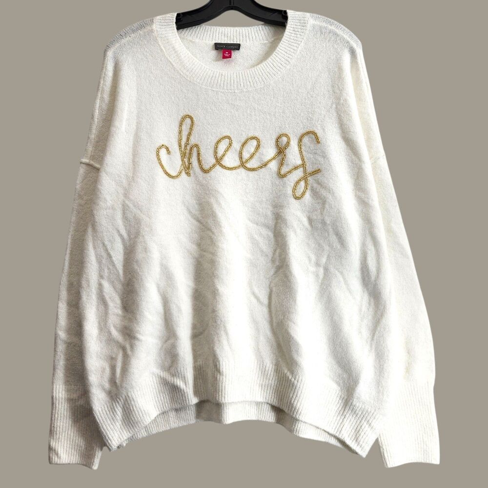 VINCE CAMUTO Sweater Womens Medium White CHEERS Spell Out Beaded Knit Preppy